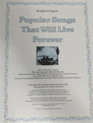 Vintage Readers Digest Popular Songs That Will Live Forever Lyrics & Music 1982 2