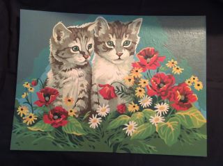 Vtg Paint By Number Kittens With Poppies & Daisies Cats 12 X 16