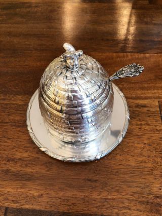 Vintage Corbell & Co Silver Plate Beehive Honey Pot / Jar / Spoon