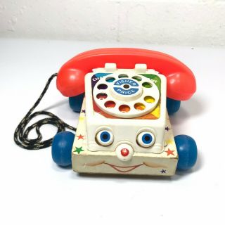 Vintage Fisher Price Chatter Phone Rotary Telephone Pull Toy 747 Wood Base 1961
