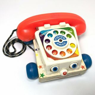 Vintage Fisher Price Chatter Phone Rotary Telephone Pull Toy 747 Wood Base 1961 2