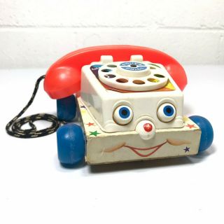Vintage Fisher Price Chatter Phone Rotary Telephone Pull Toy 747 Wood Base 1961 3