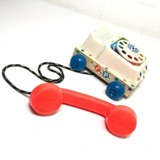 Vintage Fisher Price Chatter Phone Rotary Telephone Pull Toy 747 Wood Base 1961 4