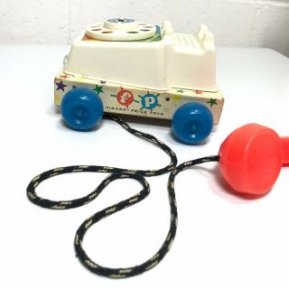 Vintage Fisher Price Chatter Phone Rotary Telephone Pull Toy 747 Wood Base 1961 5