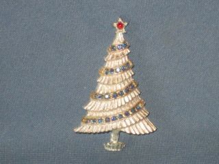 Vintage Signed Bj Silver - Tone Metal Enamel Rhinestone Christmas Tree Pin Brooch