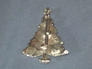 Vintage Signed BJ Silver - Tone Metal Enamel Rhinestone Christmas Tree Pin Brooch 2