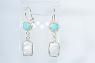 Vintage Turquoise And Mother Of Pearl Sterling Silver Dangling Earrings 2 "