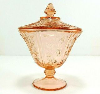 Vintage Pink Depression Glass Covered Candy Dish Cabbage Rose 7.  5 Inches Tall 3