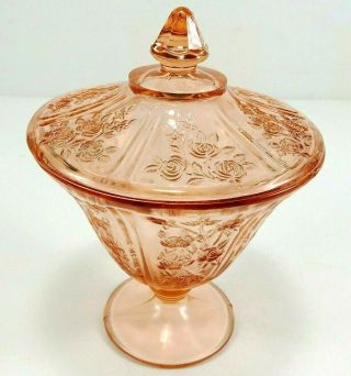 Vintage Pink Depression Glass Covered Candy Dish Cabbage Rose 7.  5 Inches Tall 5