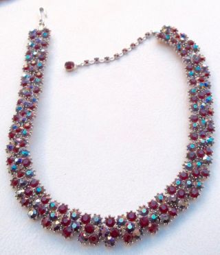 Trifari Vintage Necklace Red & Blue Aurora Borealis Rhinestones