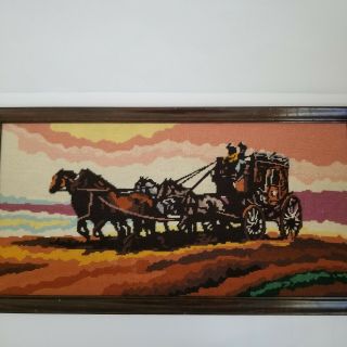 Vintage Needlepoint Picture Stagecoach Covered Wagon Western Horses Framed