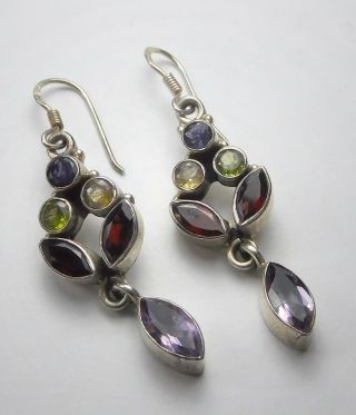Vintage Sterling Silver/ Colorful Multi Gemstone Hook Earrings