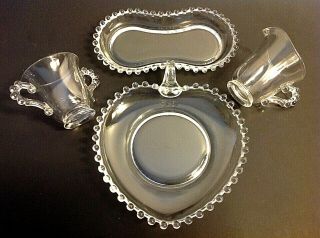 Vintage Candle Wick Glass Creamer Sugar Set With Under Plate And Heart Dish