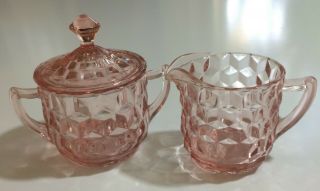 Vintage Pink Cube Pattern Depression Glass Creamer And Sugar Bowl 1930s