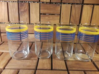 Vintage Libbey Glassware - Set Of 4 Yellow & Blue Stripe Band Tumblers - Euc
