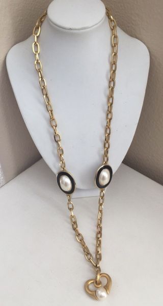 Vintage Park Lane Heart Gold Tone Chain Necklace Faux Pearl & Black Enamel