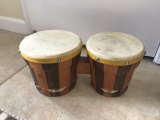 Vintage Set Lap Bongo Drums Wood Leather 6 & 7 " Heads