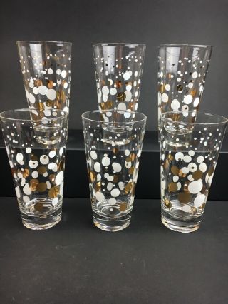 Vintage Mcm Drinking Glasses 12 Oz Set Of 6 Clear With Gold And White Dots Ec