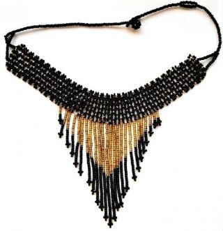 Vintage Czech Black Gold Seed Beads European Bib Chocker Necklace Adjustable 17 "