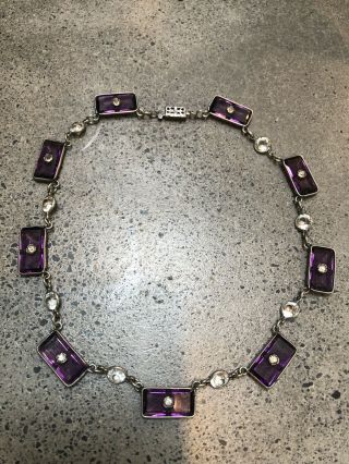 Vtg Art Deco Open Back Amethyst Glass Center Clear Rhinestone Collar Necklace