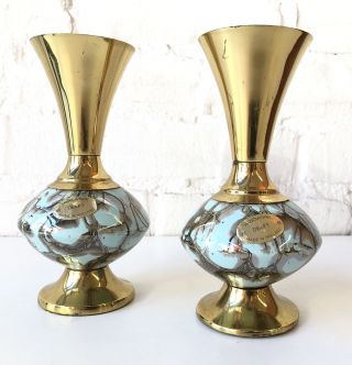Pair Vintage Delft Turquoise Blue & Gold Marbled Vase Mcm Regency Retro