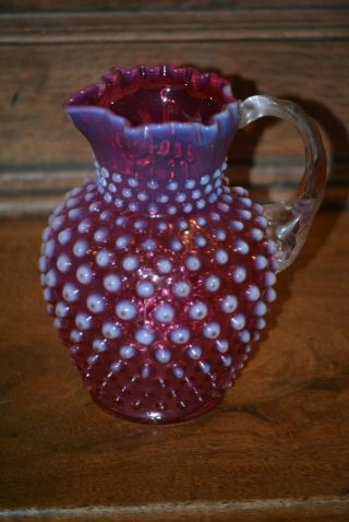 Vintage Fenton Glass Cranberry Opalescent Hobnail Pitcher Ruffle Top 5 1/2 "