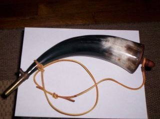 Vintage Black Powder Horn 13 " With Strap - Brass Spout/measure Item