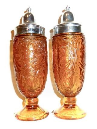 Vintage Indiana Glass Tiara Amber Sandwich Pattern Salt & Pepper Shakers