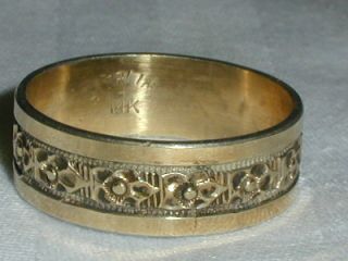 Vintage Sterling 14k Gold Band Ring W/ Floral Detailing - Size 8 1/2