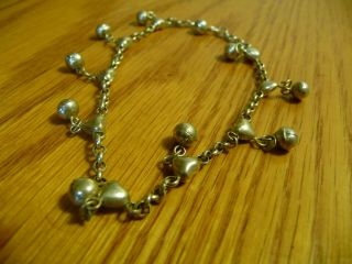 Vintage.  925 Sterling Silver Bracelet With Hearts And Tiny Bells 7.  5 In.  Wrist