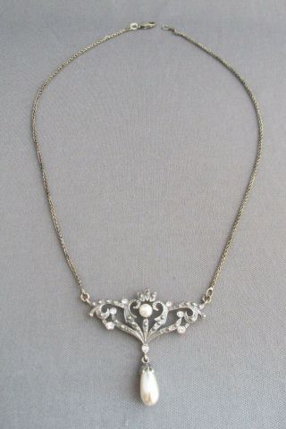Vintage Art Deco Sterling Rhinestone Tear Drop Pear Pearl Dangle Choker Necklace