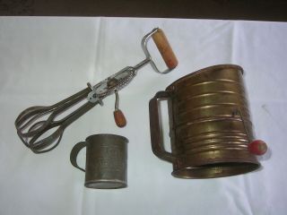 Vintage Kitchen Items,  Hand Mixer,  Sifter,  Tin Measuring Cup