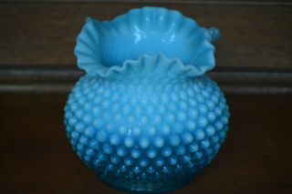 Vintage Fenton Blue Opalescent Hobnail Rose Bowl Ruffled Top Vase 5 " Tall Pastel