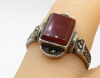 925 Sterling Silver - Vintage Red Carnelian & Marcasite Band Ring Sz 7 - R7999