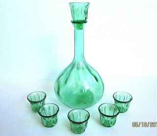 Vintage Green Hand Blown Art Glass Decanter Set