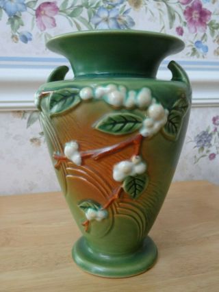 Vintage Roseville Snowberry Vase 8 " Green With Leaves,  Berries 1940 