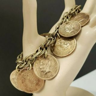 Vintage Mid Century Mexico Travel Souvenir Centavos Charm Bracelet Brass Copper