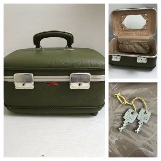 Vintage Jet Stream Train Case Green Make Up Suitcase Carry On Luggage With Keys