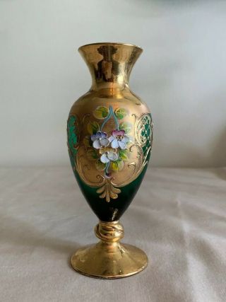Vintage Green Czech Bohemian Glass 6” Vase W/ Gold Gilt & Hanfpainted Flowers