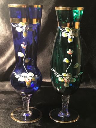 Vtg Italian Blown Glass Cobalt Blue Green Boho Flower Vase W Twisted Stem Set 2