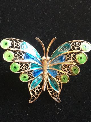 Vintage Butterfly Sterling Silver Filagree Hand Painted Brooch