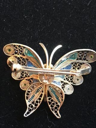 Vintage Butterfly Sterling Silver Filagree Hand painted Brooch 2