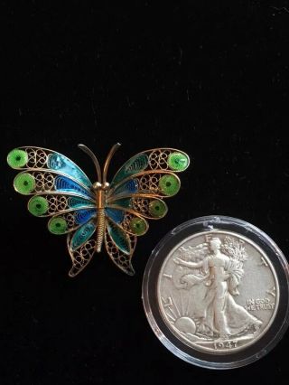 Vintage Butterfly Sterling Silver Filagree Hand painted Brooch 3