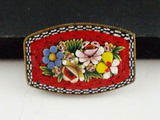 Vintage Italy Red Micro Mosaic Tile Pin Brooch W/raised Flower Design
