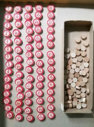 Full Set Of 75 Vintage Milton Bradley Wooden Bingo Calling Numbers & Markers