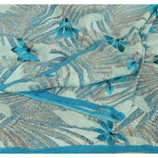 Sanskriti Vintage Blue Saree Pure Crepe Silk Printed Sari Craft Decor Fabric