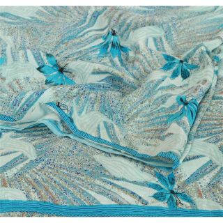 Sanskriti Vintage Blue Saree Pure Crepe Silk Printed Sari Craft Decor Fabric 2