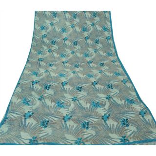 Sanskriti Vintage Blue Saree Pure Crepe Silk Printed Sari Craft Decor Fabric 3