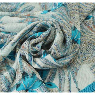 Sanskriti Vintage Blue Saree Pure Crepe Silk Printed Sari Craft Decor Fabric 4