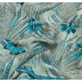 Sanskriti Vintage Blue Saree Pure Crepe Silk Printed Sari Craft Decor Fabric 5